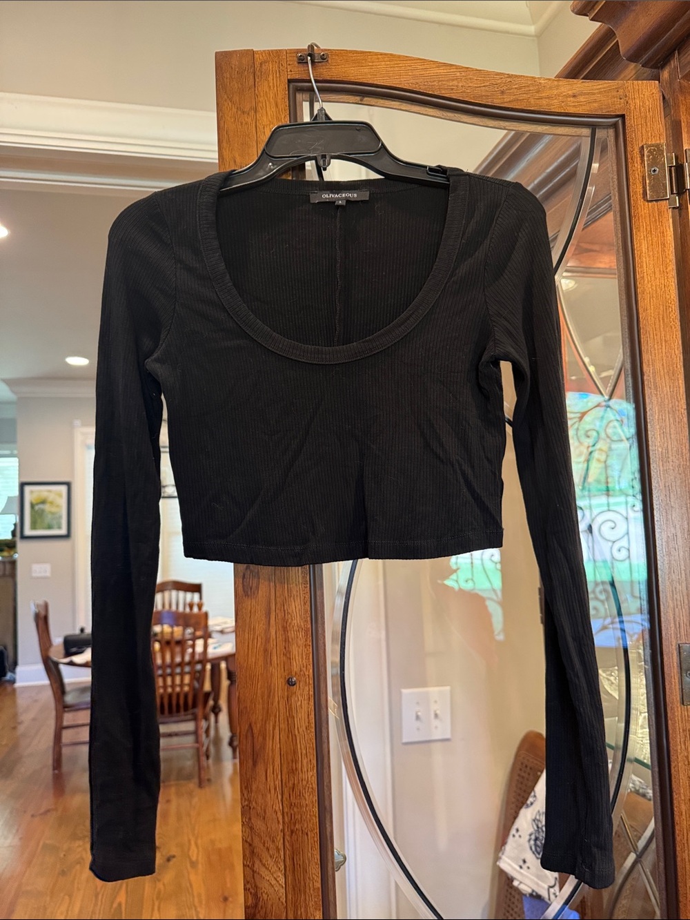 Cotton On Black Ribbed Scoop-Neck Long Sleeve Crop Top L